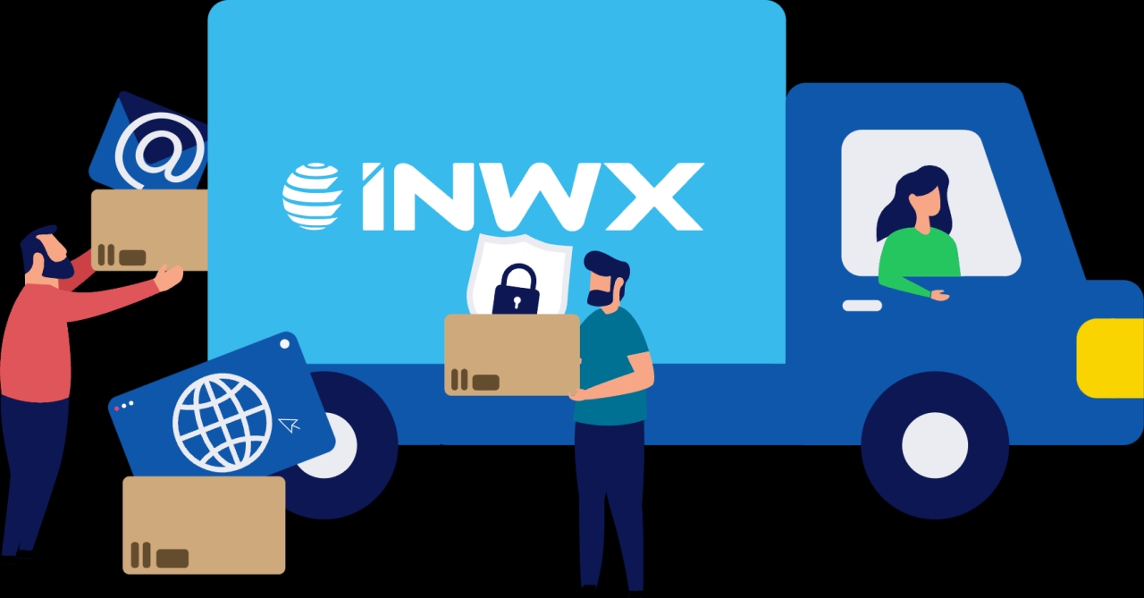 Ilustración de un camión de mudanzas con el logotipo de INWX, que simboliza una transferencia o traslado de dominios. Dos personas están cargando cajas con íconos como un correo electrónico, un globo terráqueo y un candado. Una mujer está sentada en el asiento del conductor del camión.