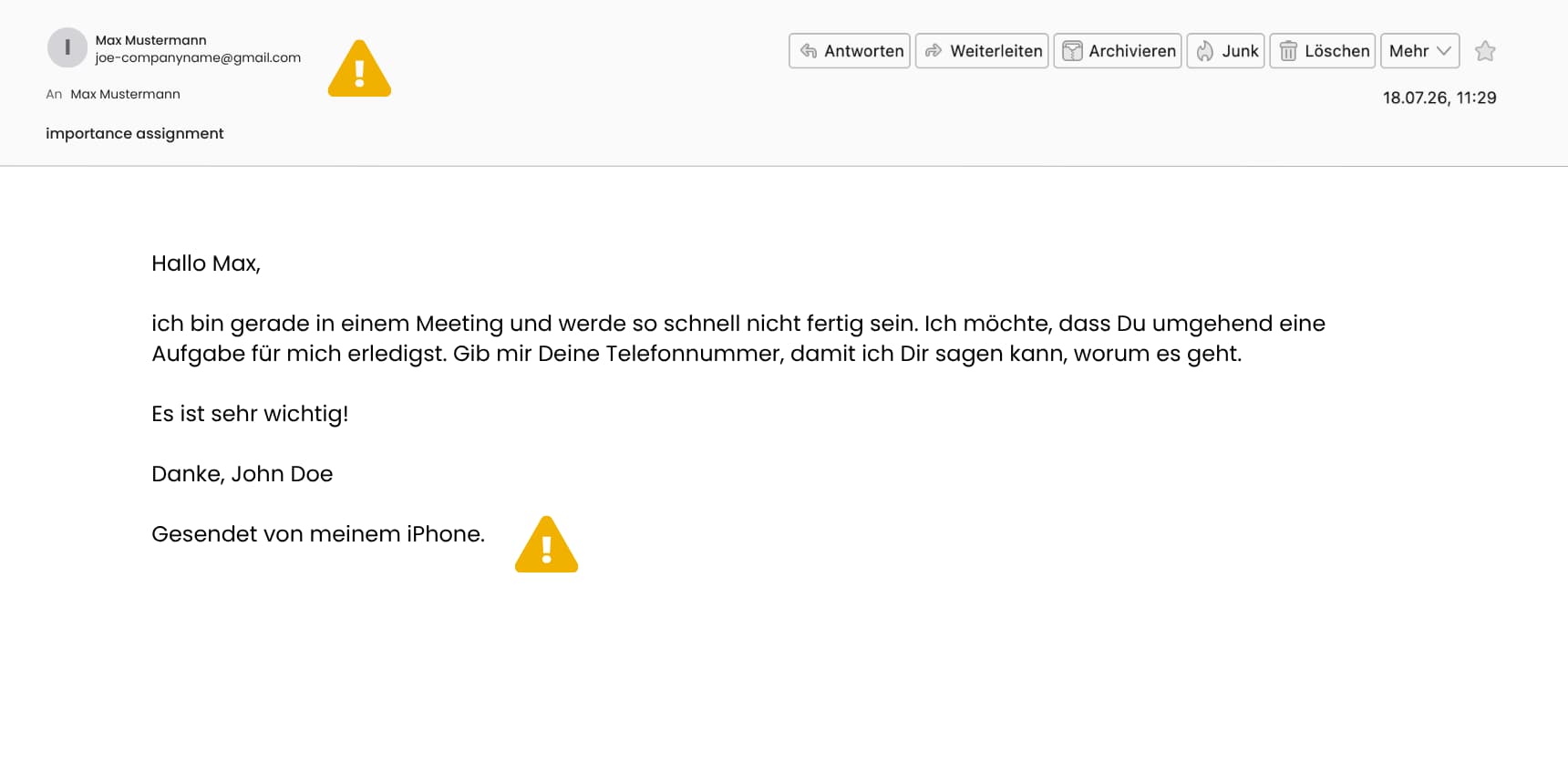Beispiel einer Phishing-Mail im vom CEO, bei der Warnzeichen wie Absender und Formulierungen markiert sind